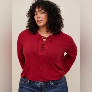 Torrid Texture Jersey Lace-Up Drop Shoulder Top Rhubarb Red Women's Size 4X